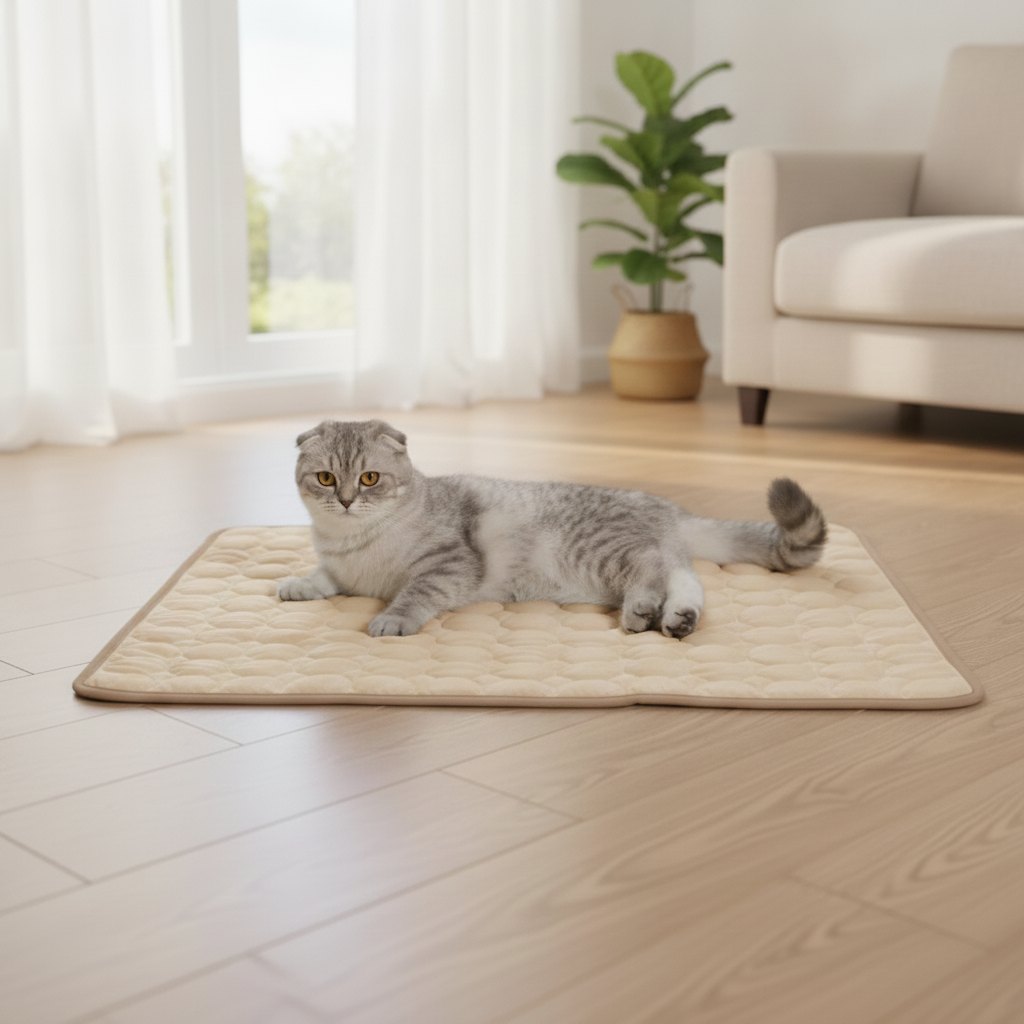 Chat allongé sur le tapis rafraîchissant FrostPaw beige