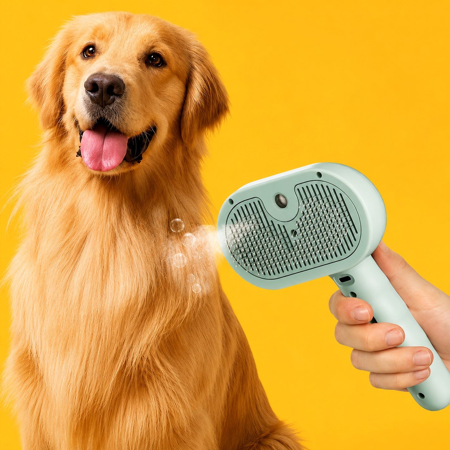FurMist — golden retriever toiletté avec la brosse vapeur