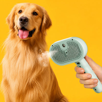 FurMist — golden retriever toiletté avec la brosse vapeur