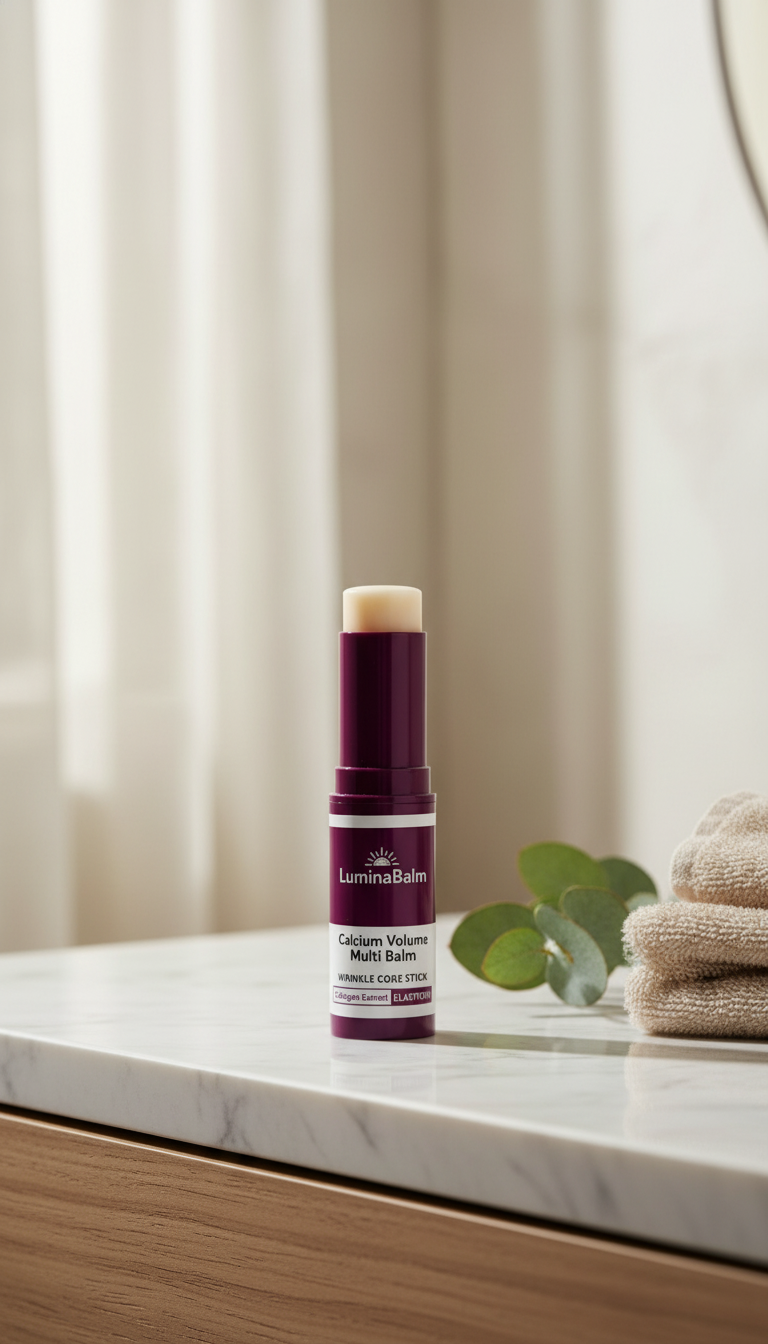 LuminaBalm baume éclat - mise en scène lifestyle premium (marbre, lumière naturelle)