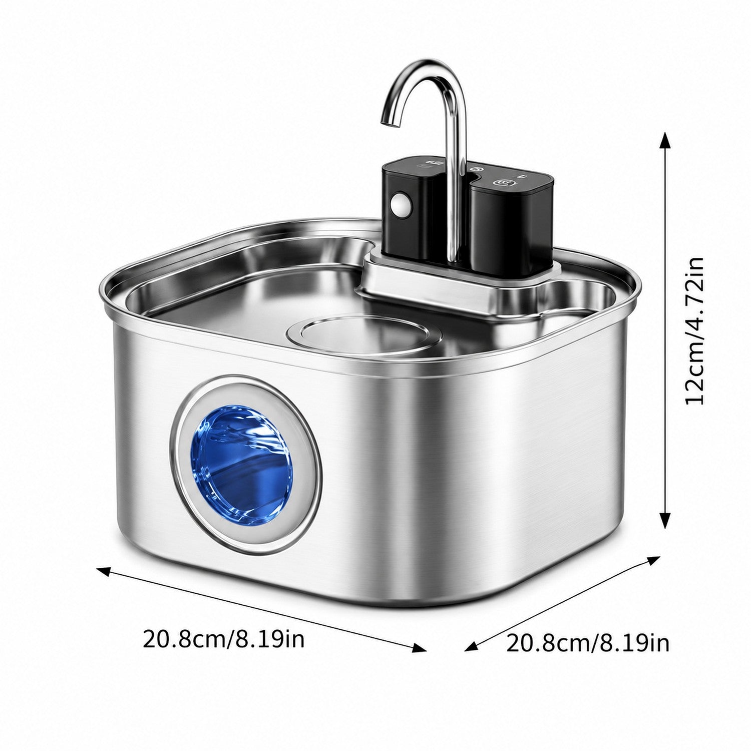 PureFlow fontaine inox — dimensions 20,8 × 20,8 × 12 cm (3,2 L)